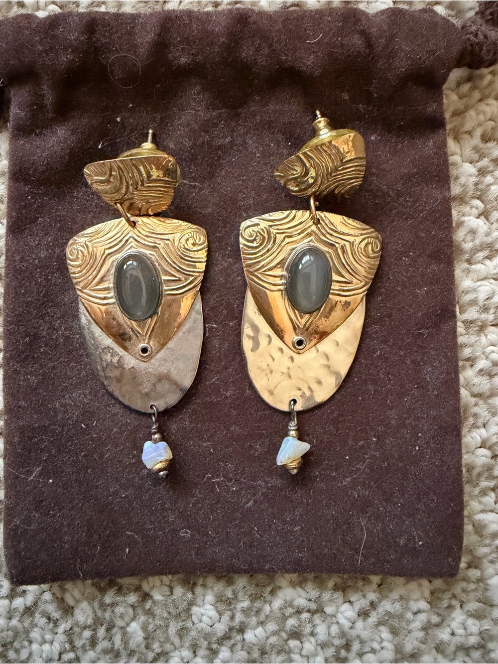 Gold-Tone Textured Dangle Earrings with Gray Cabochon and Blue Accent